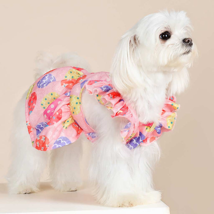 Festive Maltese Dog Dress with Pastel Easter Egg Pattern and Ruffles - Fitwarm Dog Clothes