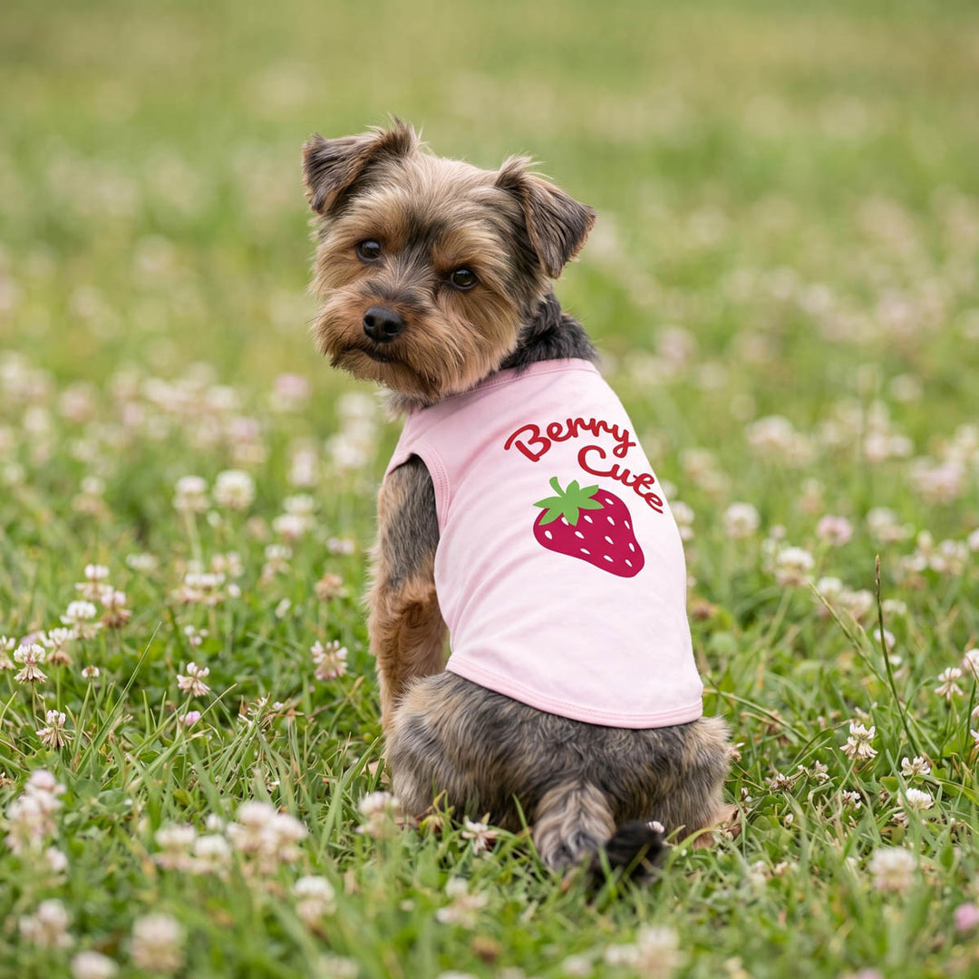 Small dog wearing a pink dog t-shirt with 'Berry Cute' text and strawberry graphic, sitting in a grassy field.