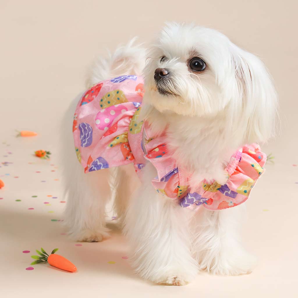 Maltese Dog Dress with Colorful Easter Egg Print and Pink Frills - Fitwarm Dog Clothes