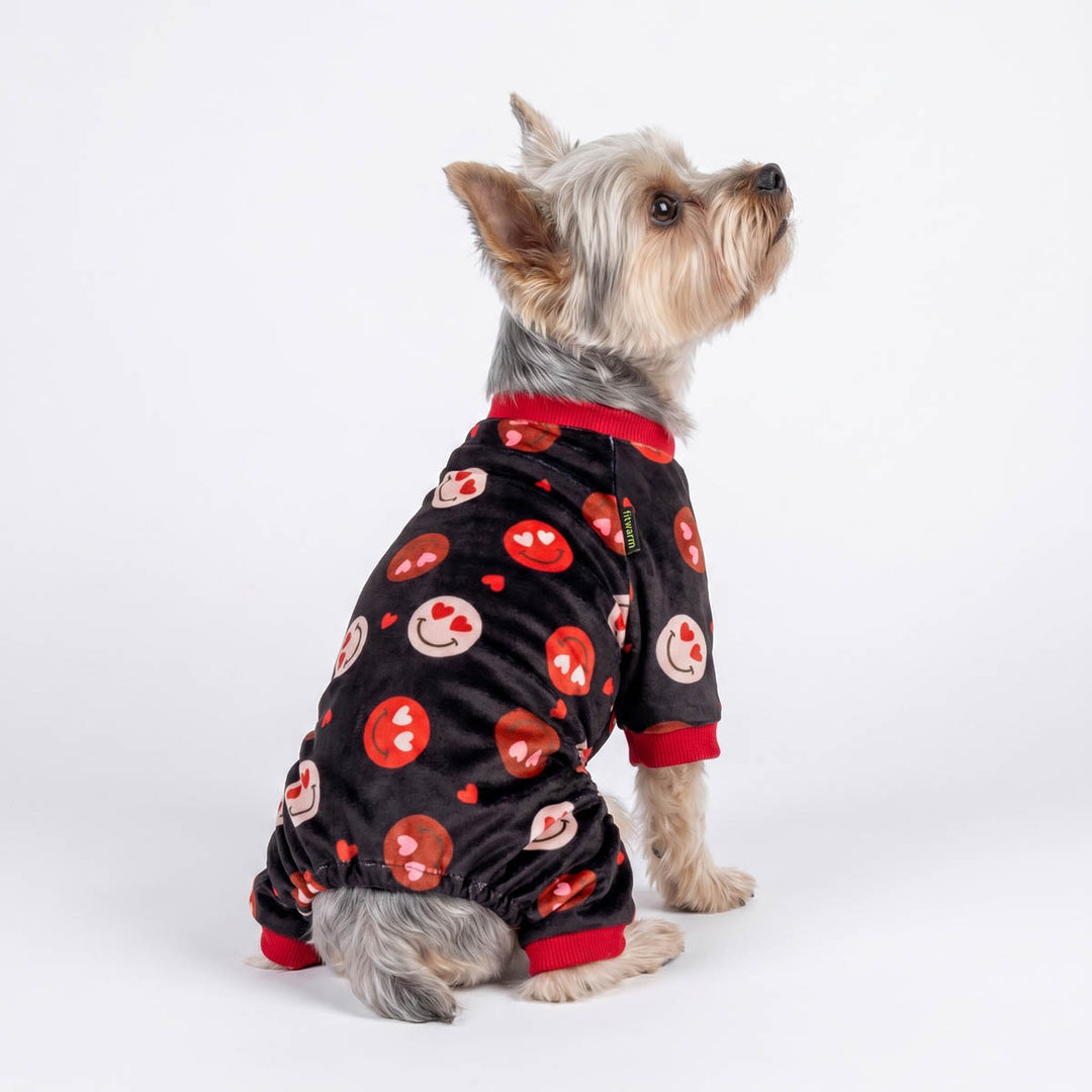 Yorkie looking up in a funny heart-eyes prints pajamas for dogs