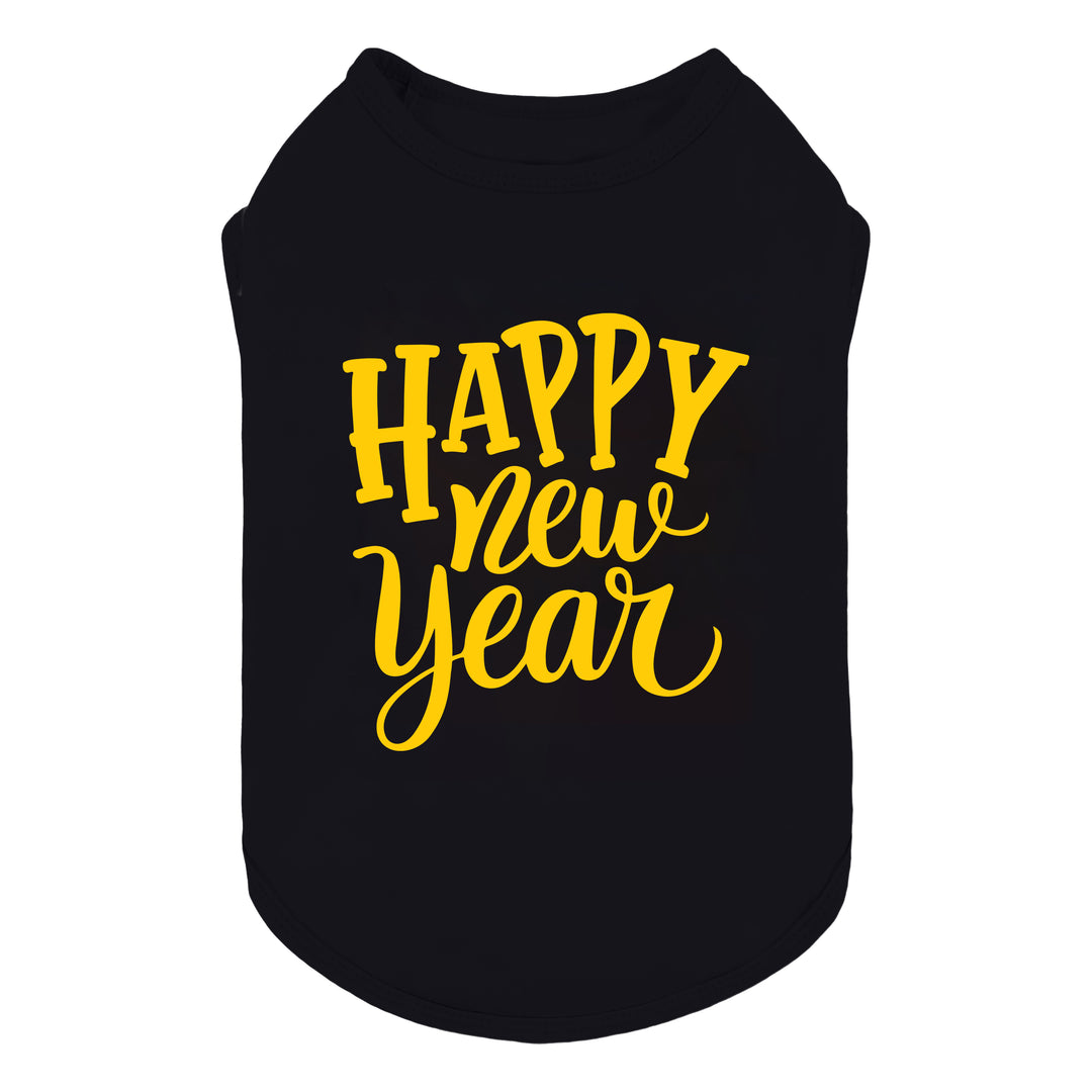 Black dog shirt featuring a bold yellow “Happy New Year” lettering on the front.