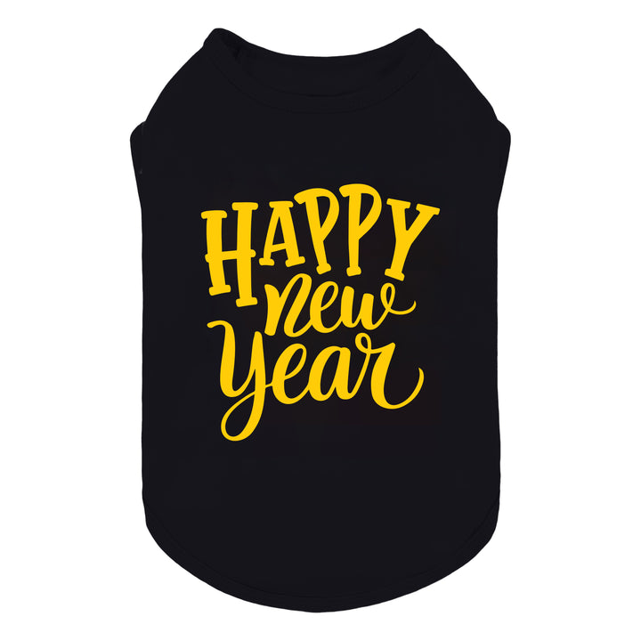 Black dog shirt featuring a bold yellow “Happy New Year” lettering on the front.