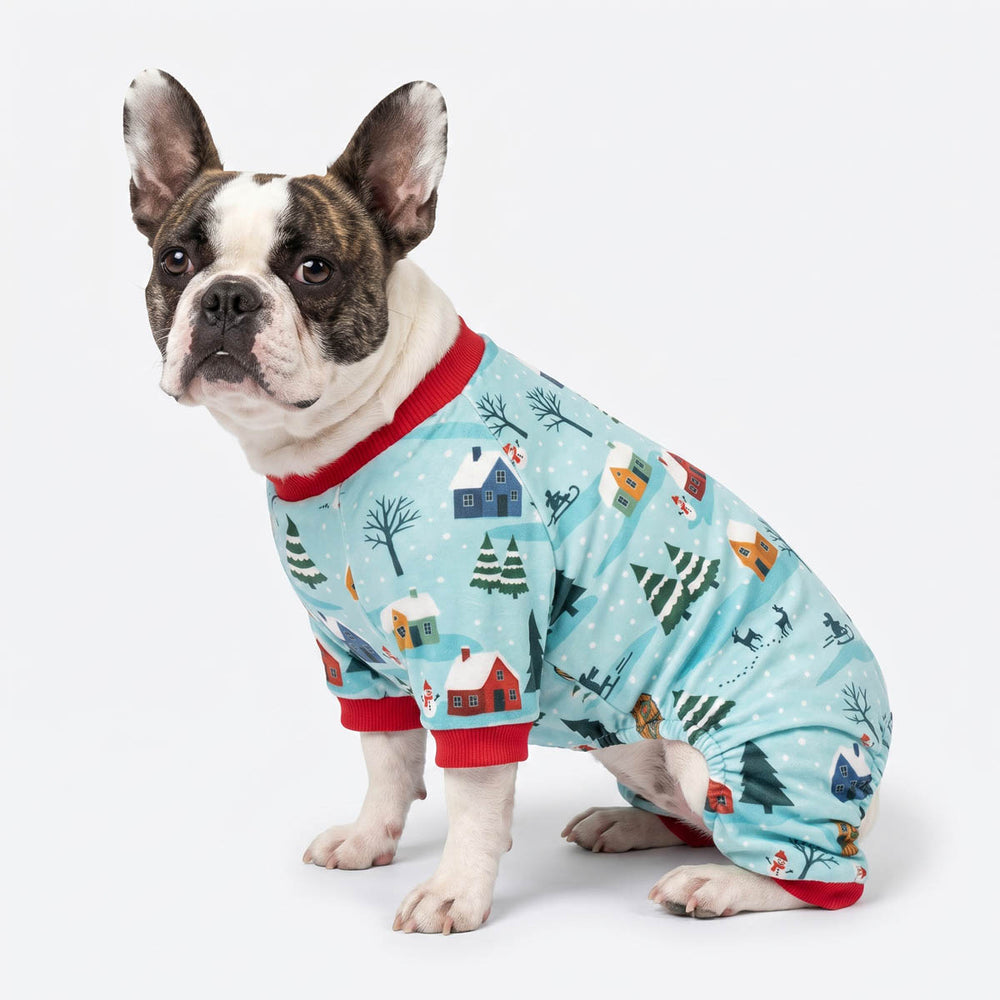 Boston Terrier dog wearing a light blue holiday-themed pajama for dogs with red trim, standing against a plain white studio background