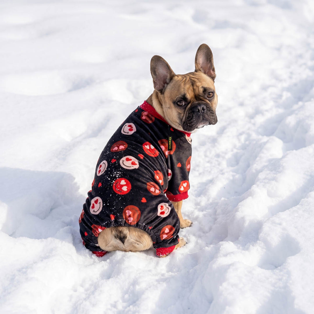 French Bulldog wearing a cozy pajamas for dogs in a snowy background
