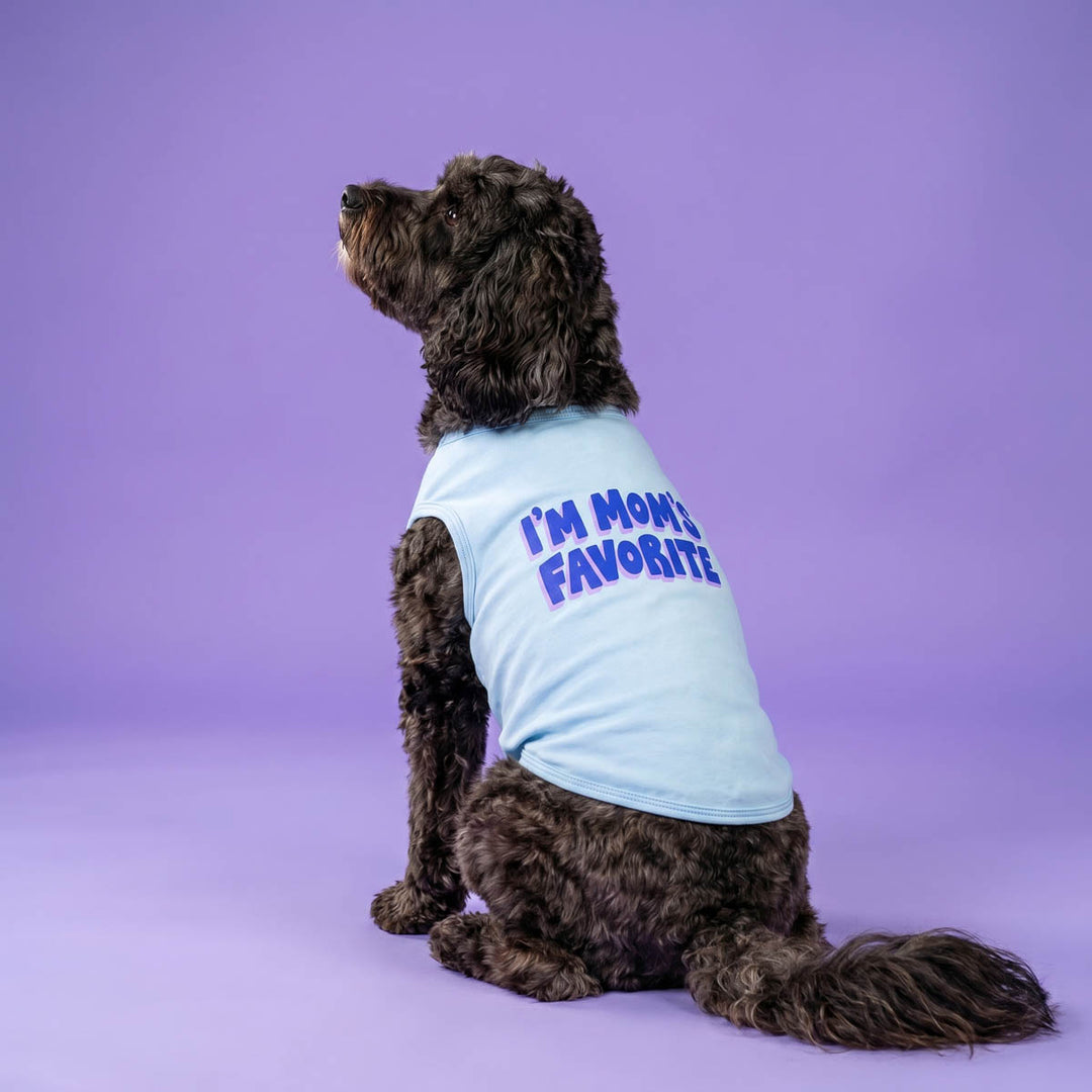 Small dog wearing a 'I' Mom's Favorite' shirt for dogs in purple background