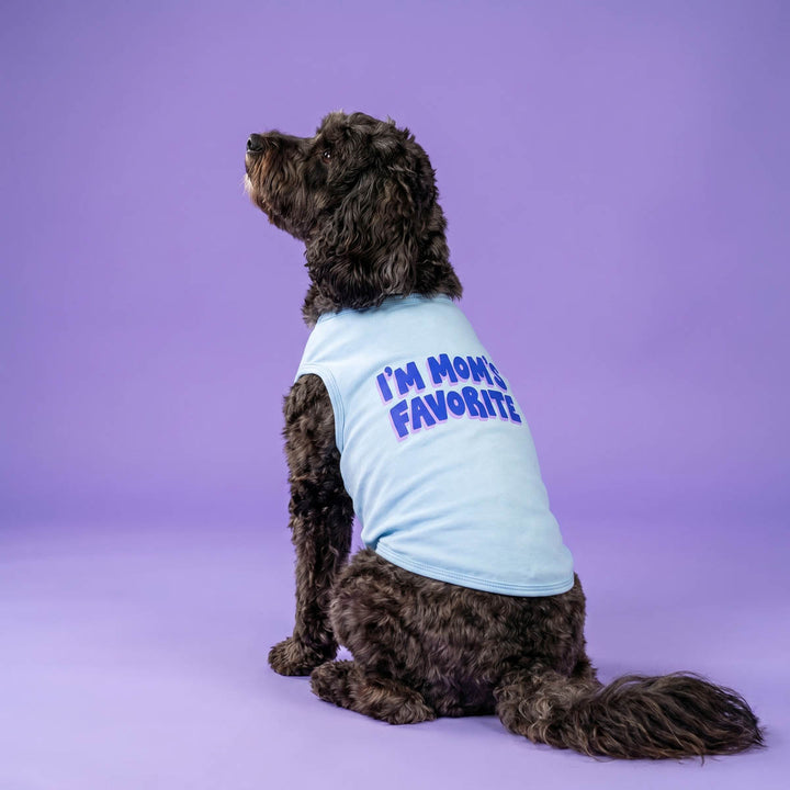 Small dog wearing a 'I' Mom's Favorite' shirt for dogs in purple background