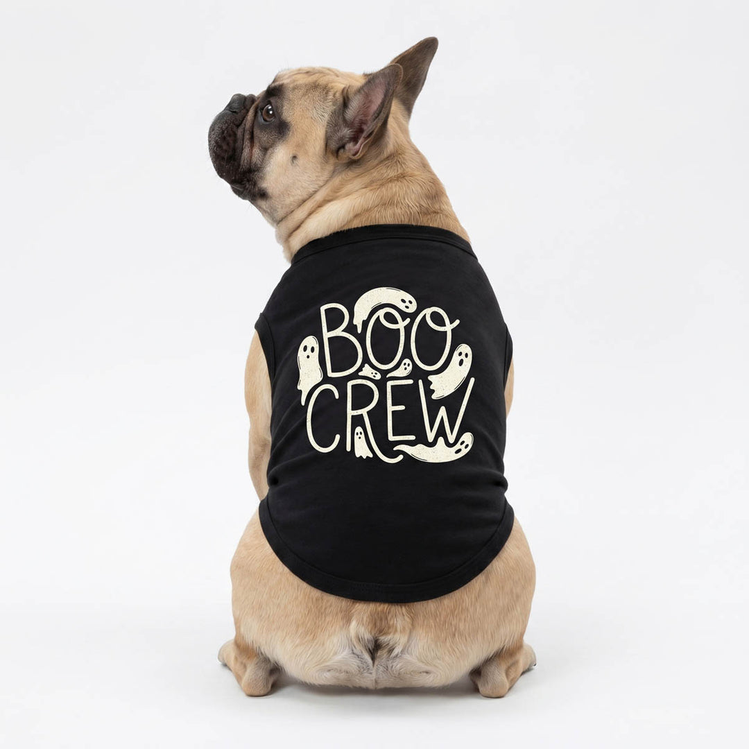 Back view of French Bulldog wearing a black dog tank top with 'BOO CREW' lettering and ghost graphics on a white background