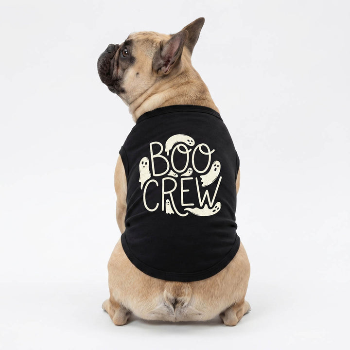 Back view of French Bulldog wearing a black dog tank top with 'BOO CREW' lettering and ghost graphics on a white background