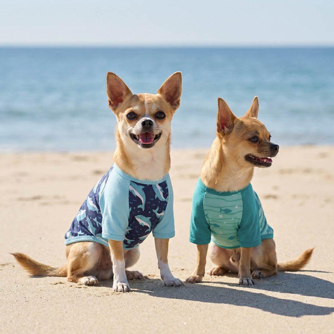 Two small dogs wearing summer shirts for dogs on a sandy beach with ocean in the background