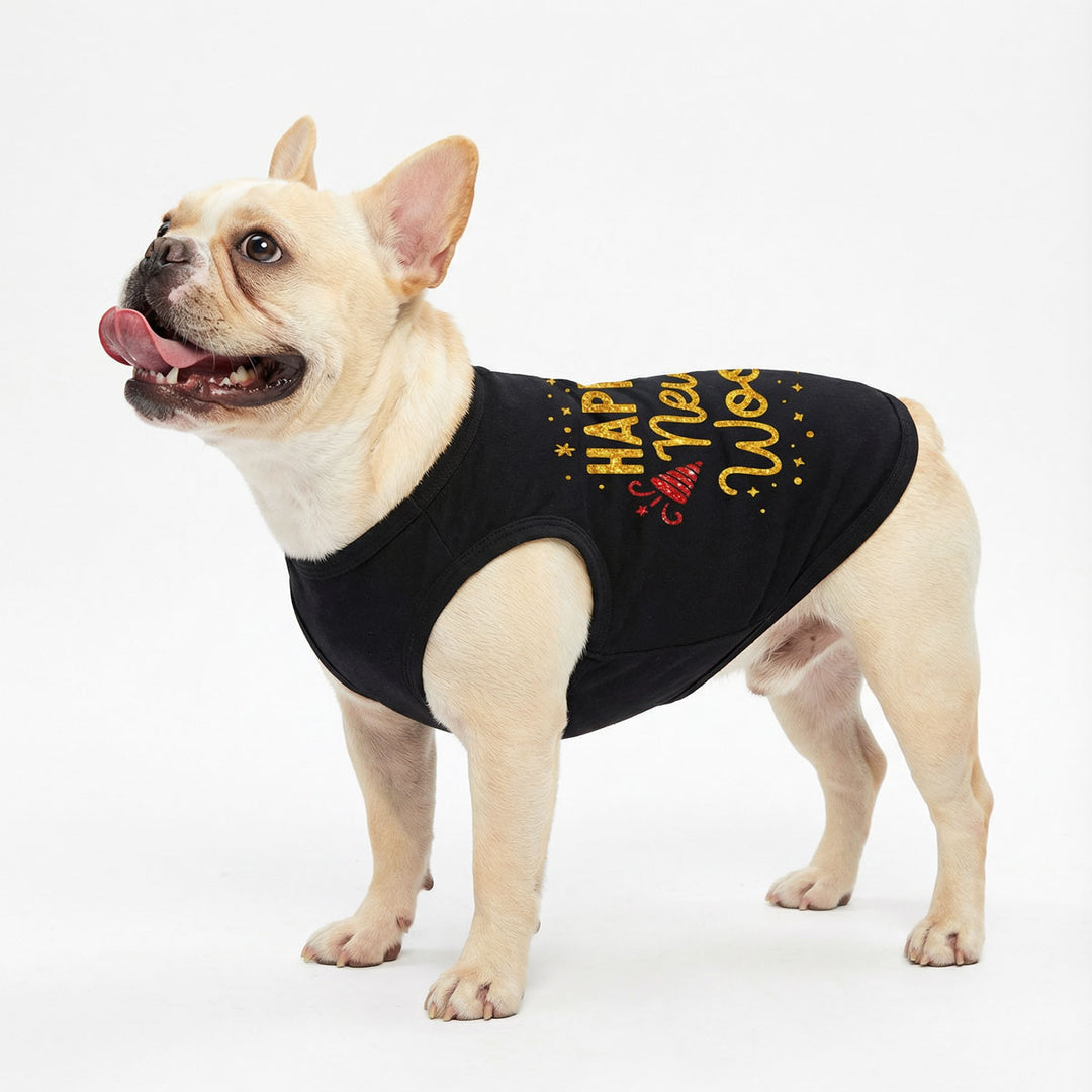 French Bulldog wearing a happy new woof dog tank top