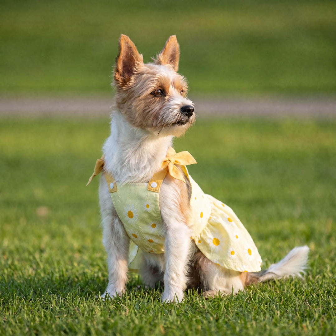 Small dog sitting on the grass in a yellow dog dress with daisy prints