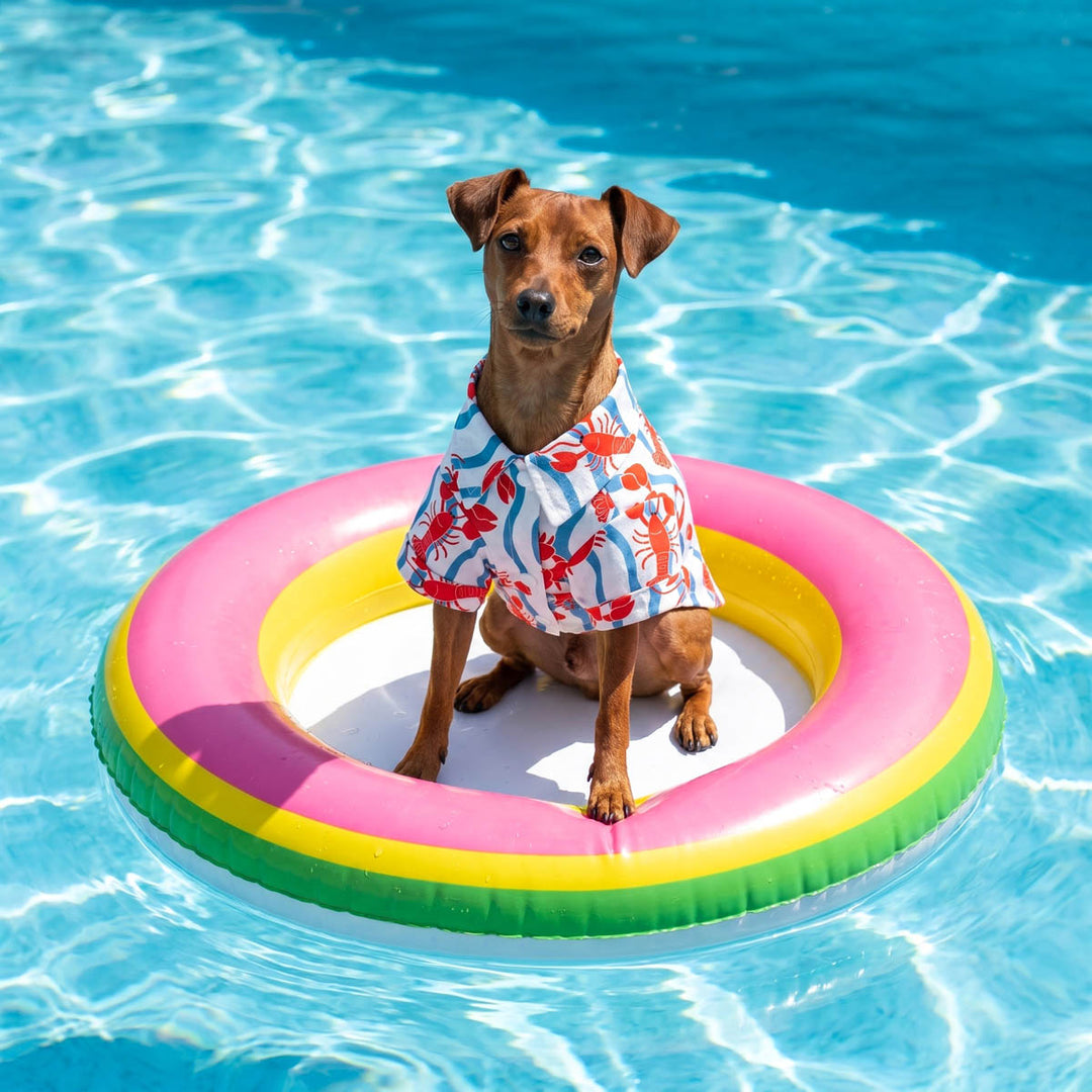 Small dog sitting on swim ring with a crab and lobster shirt for dogs