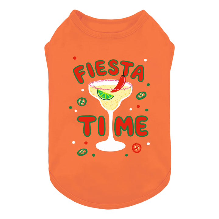 Orange dog tshirt with 'Fiesta Time' and margarita graphic on a white background