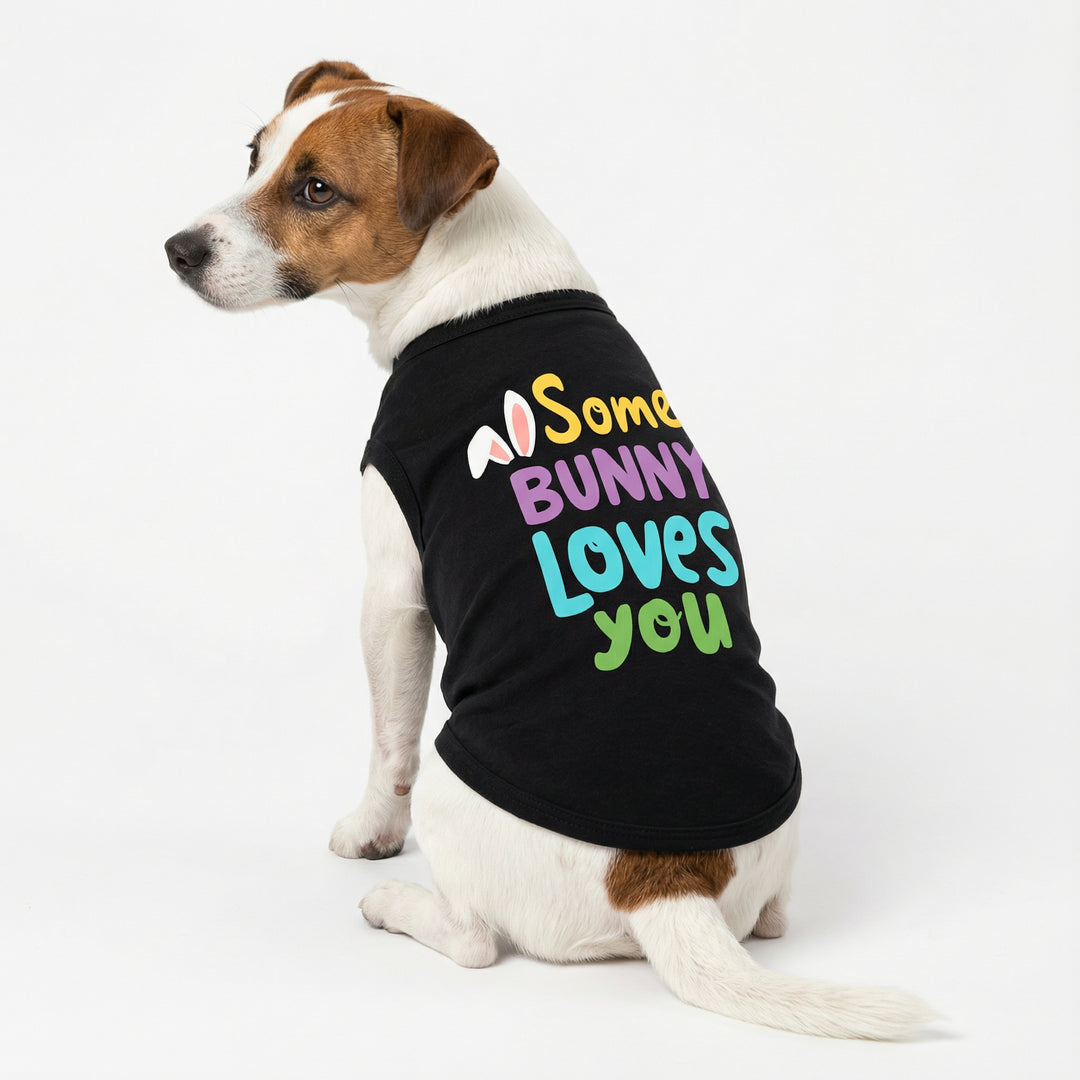 Back view of dog tank top featuring playful 'Some Bunny Loves You' Easter lettering