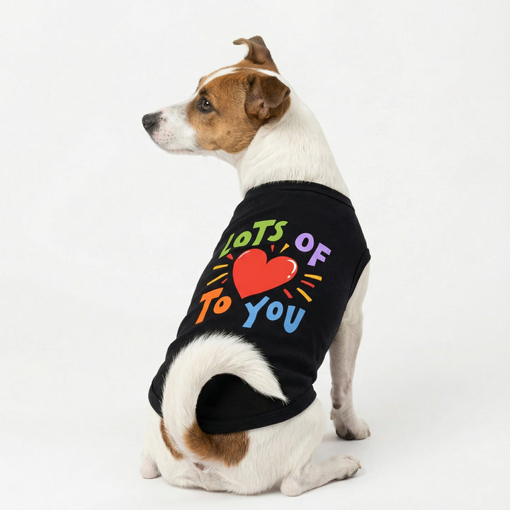 Back view of dog wearing black dog tank top with colorful 'Lot of Love to You" heart lettering