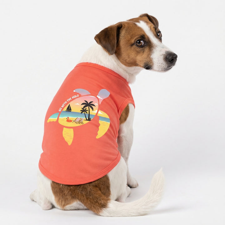 Coral dog shirt with sea turtle graphic featuring beach scene & "GO WITH THE HOLO" text