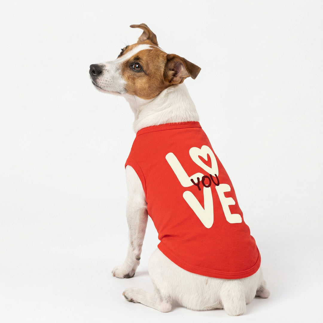 Red dog shirt with "LOVE YOU" and heart graphic. Perfect for Valentine's Day and small dogs.
