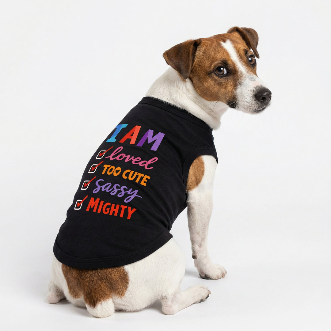 Dog wearing a black shirt with colorful I am checklist prints on a white background