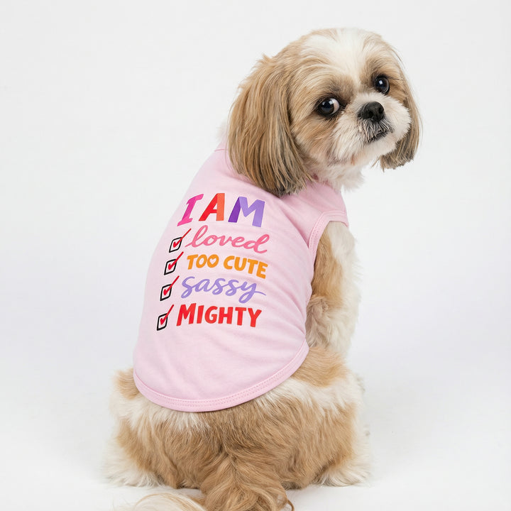 Cute dog in dog tank top displaying I am checklist graphic with fun personality words.