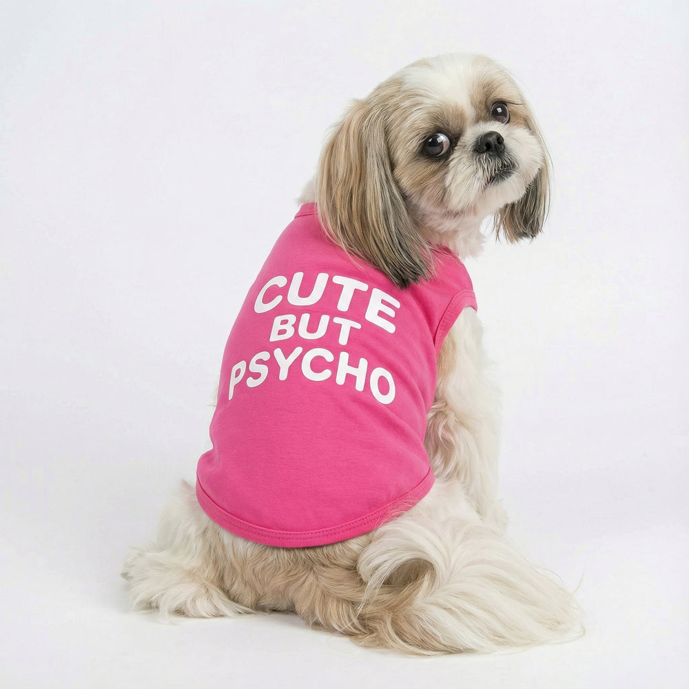 Dog wearing pink dog shirt with 'cute but psycho' lettering on white background