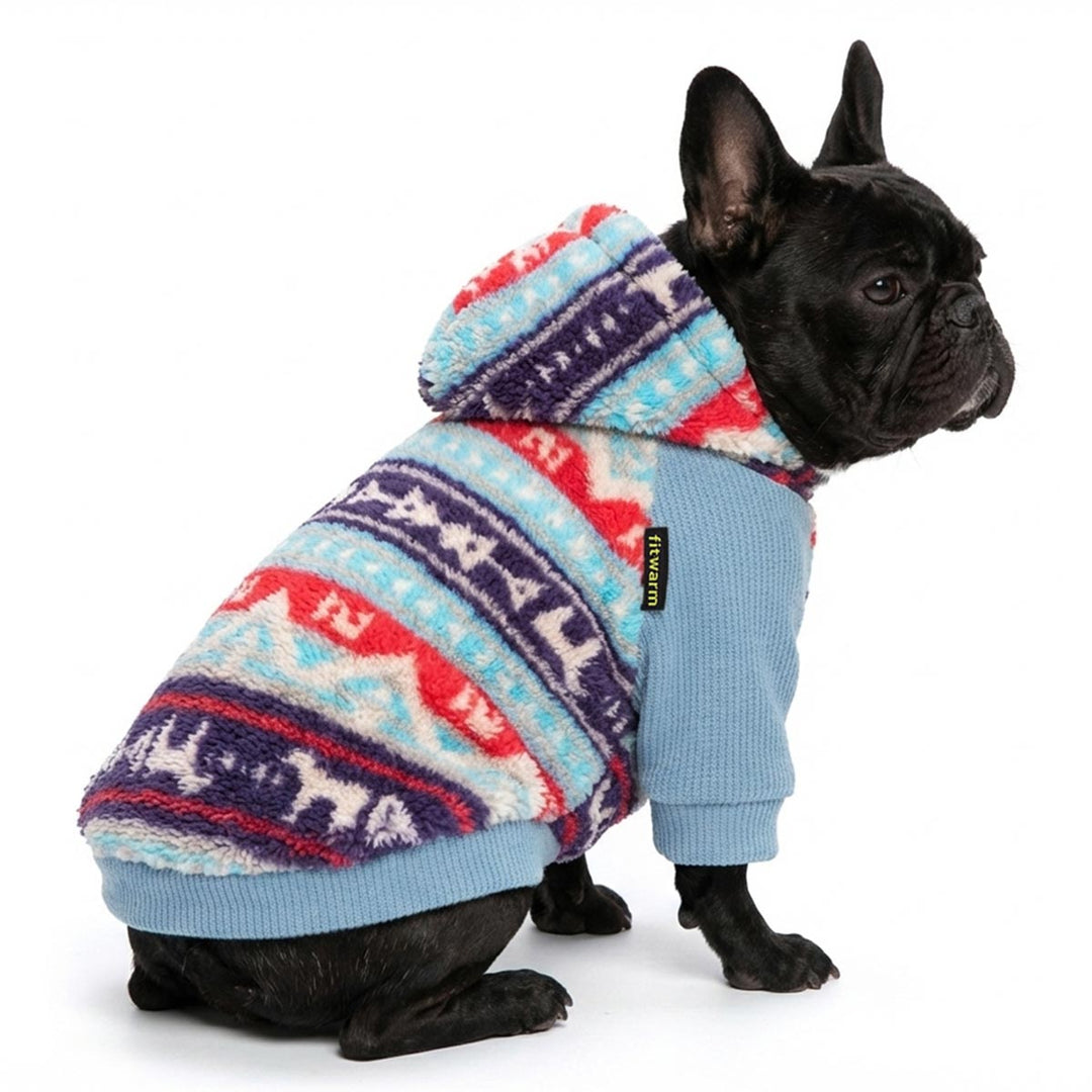 French bulldog wearing a fuzzy winter dog hoodie