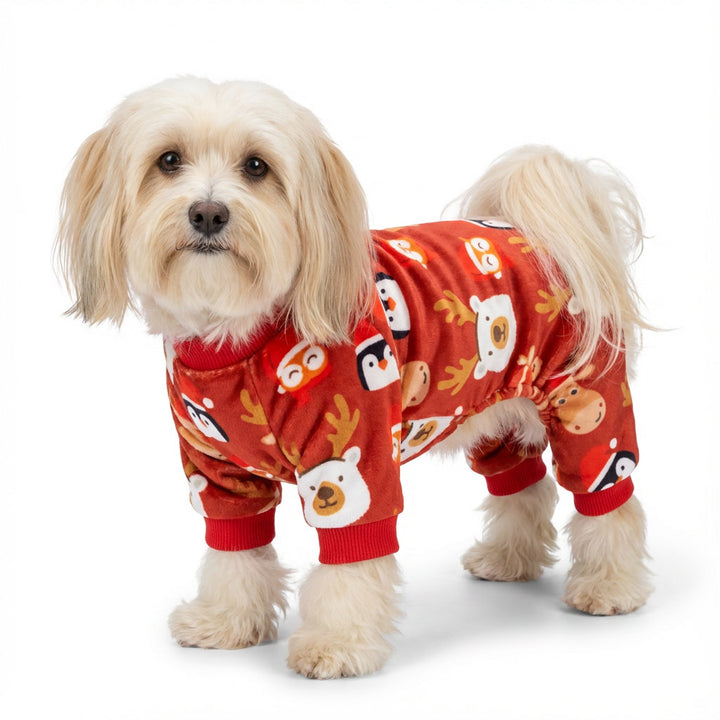 Cute dog in a funny Christmas animal dog onesie