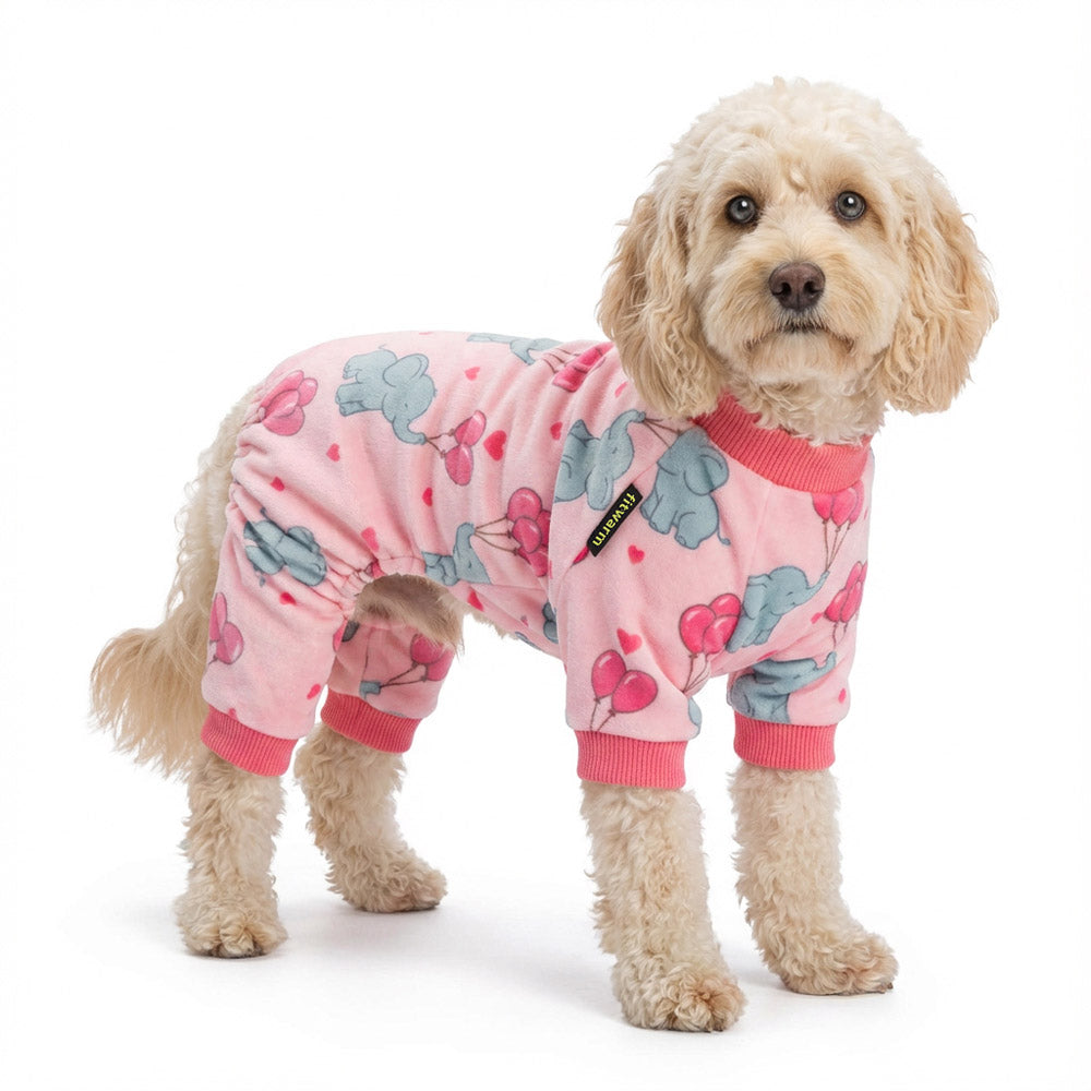 Cute dog in a pink dog jammies with elephant and balloon prints