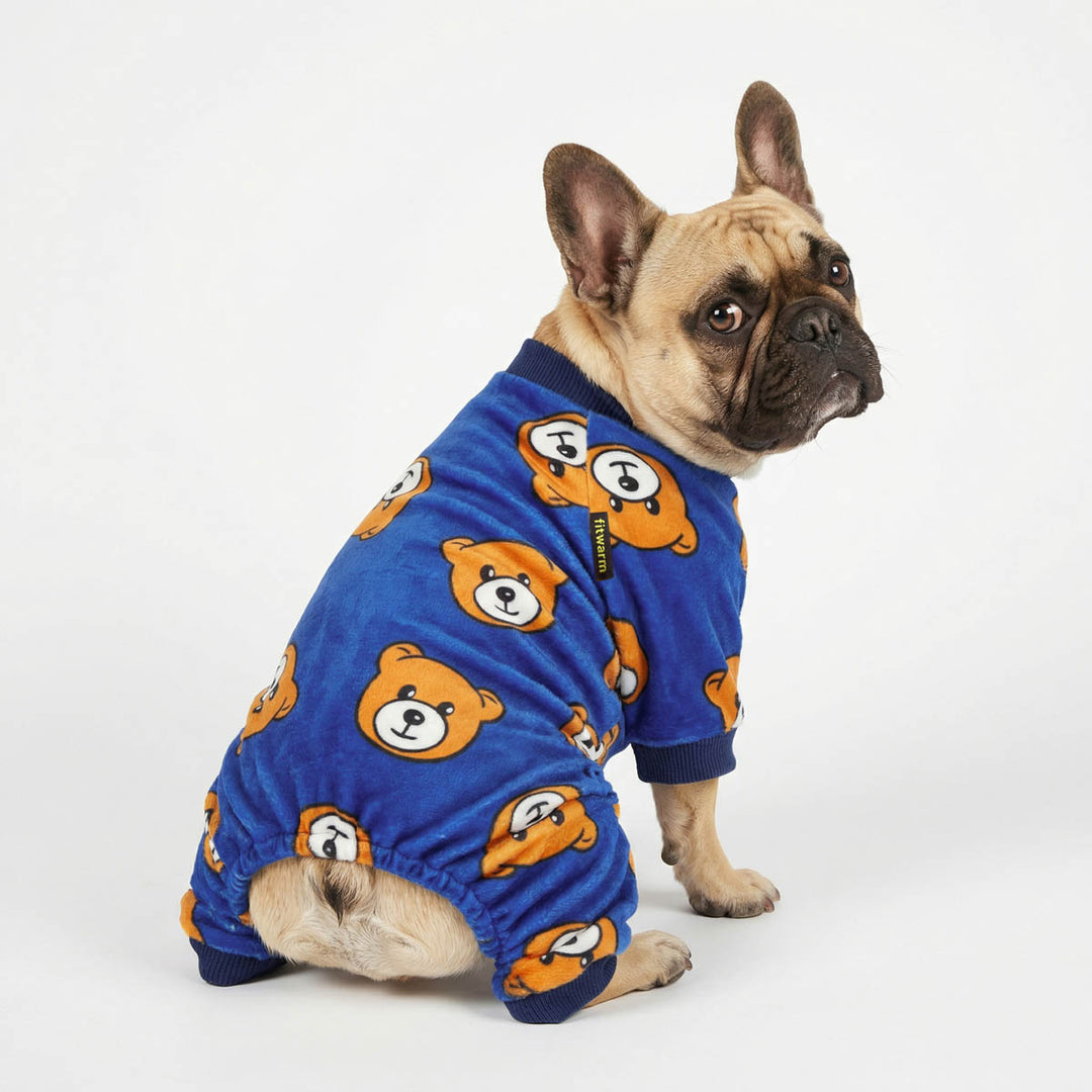 Back view of French Bulldog wearing bear print dog pajamas