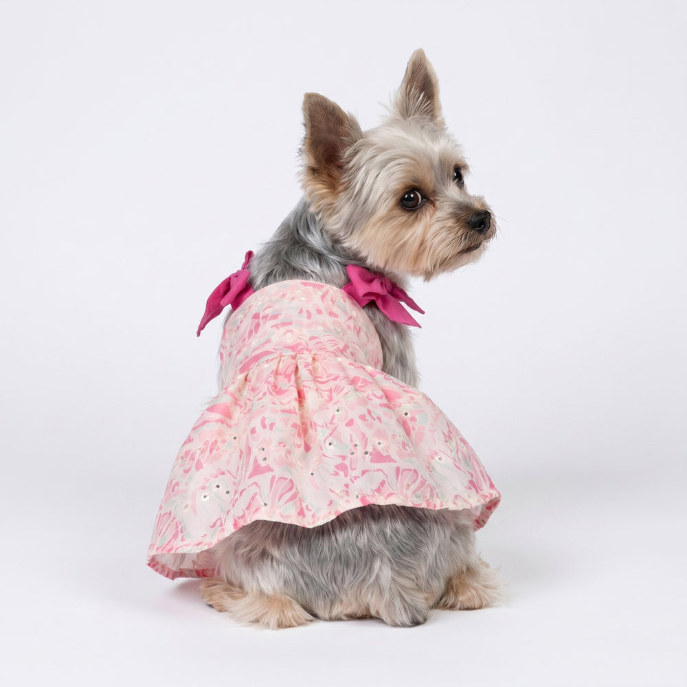 Back view of Yorkie in a embroidered floral dress for dogs