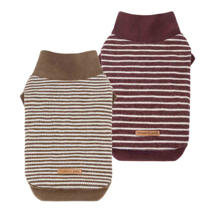 Two pack dog sweaters on a white background, one with brown and cream horizontal stripes and a brown collar, and the other with dark burgundy and cream horizontal stripes and a burgundy collar