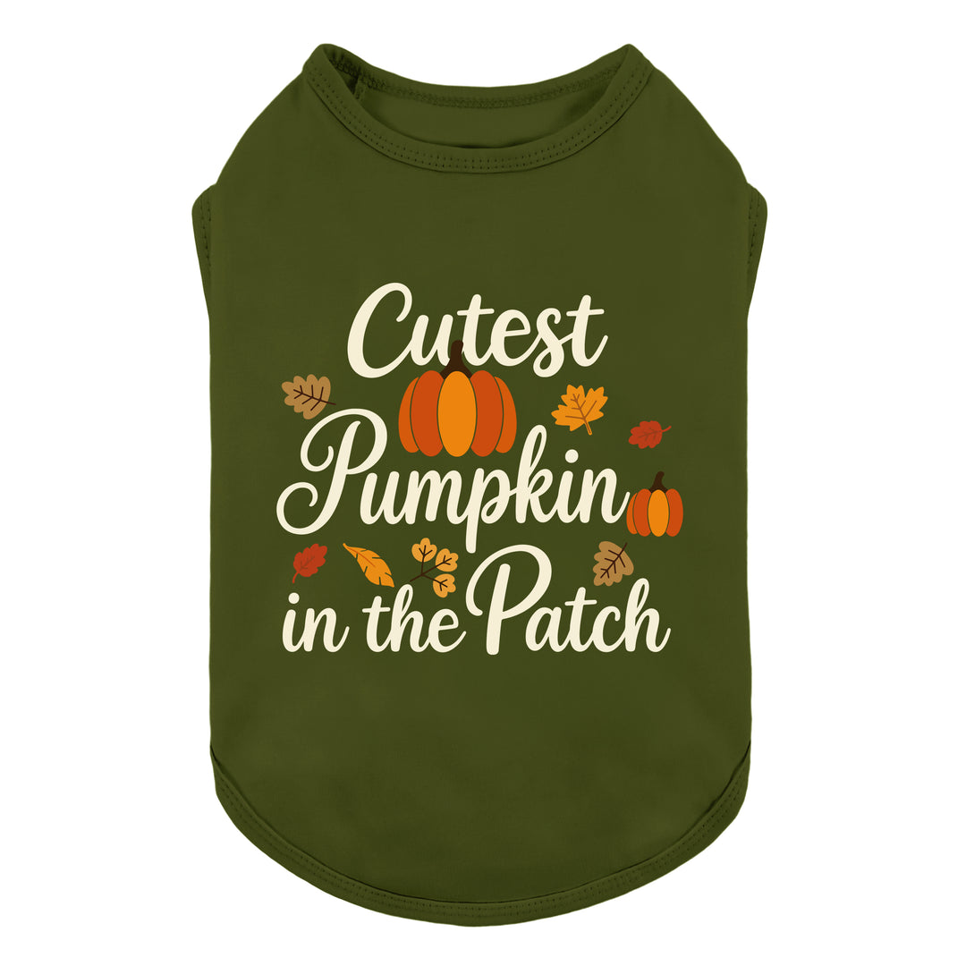 Olive green shirt for dogs with a 'Cutest Pumpkin in the Patch' graphic, featuring pumpkins, autumn leaves, and cream-colored text, shown on a plain white background