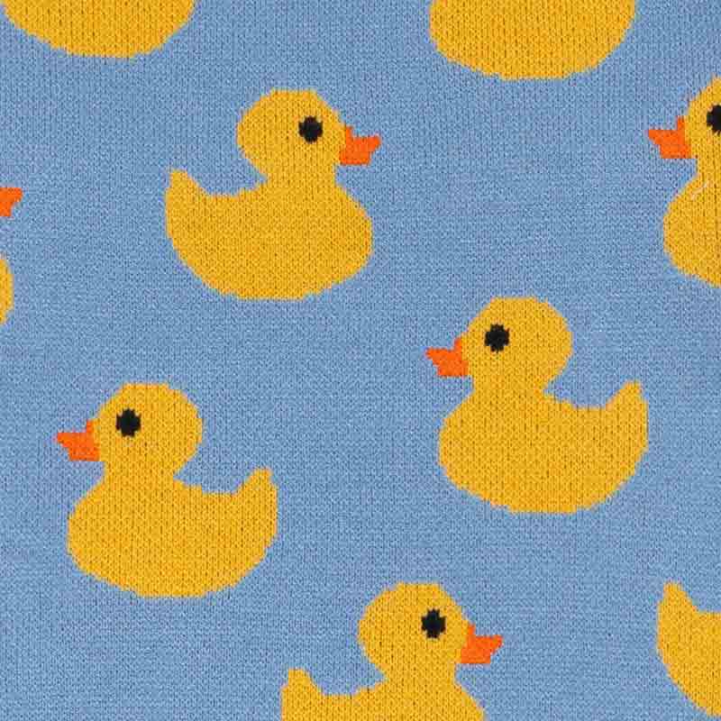 Soft light blue knit fabric featuring vivid yellow duck patterns, designed for a comfortable dog sweater.