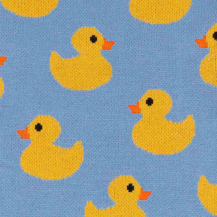 Soft light blue knit fabric featuring vivid yellow duck patterns, designed for a comfortable dog sweater.