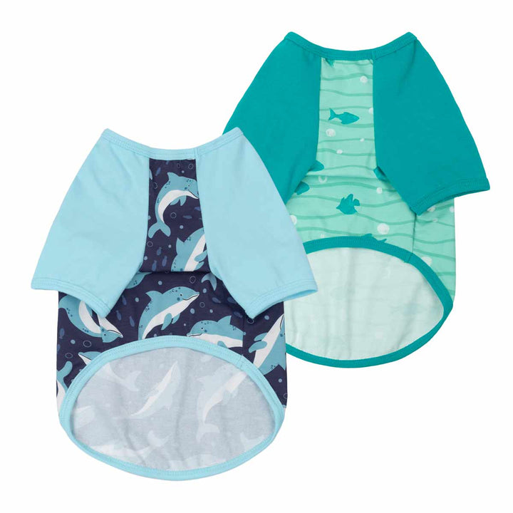 Summer shirt for dogs with fish and dolphin patterns on a white background