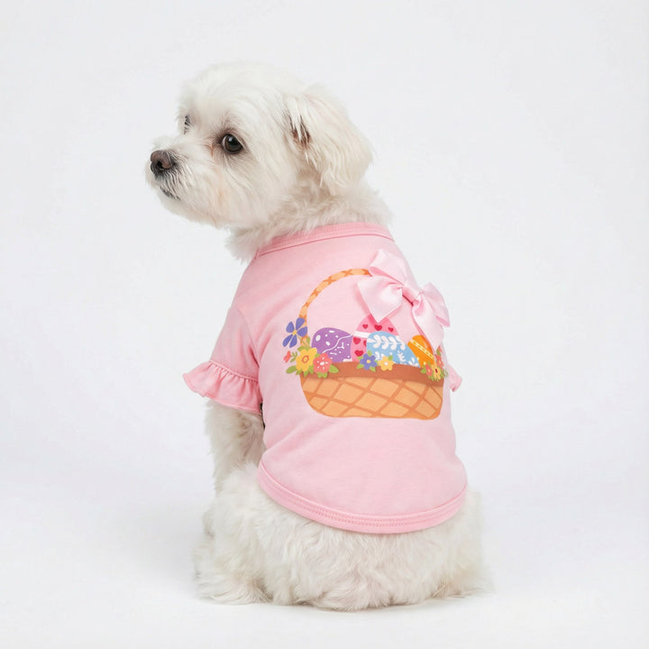 Pink ruffle Easter shirt for dogs decorated with a basket full of eggs and flower and a bowknot