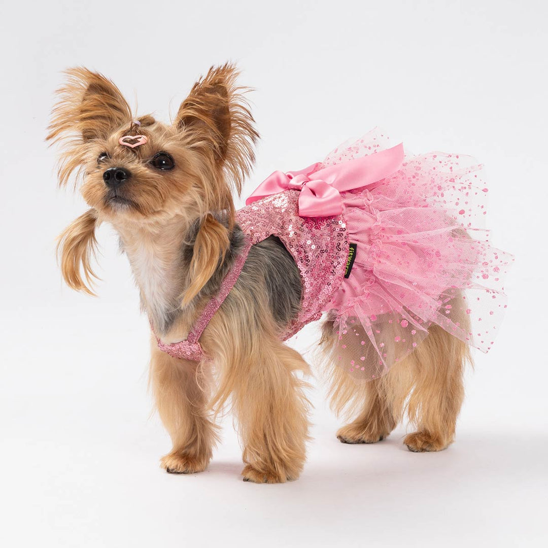 Yorkie dressed in a sparkly pink dog dress featuring sequins and layered tulle