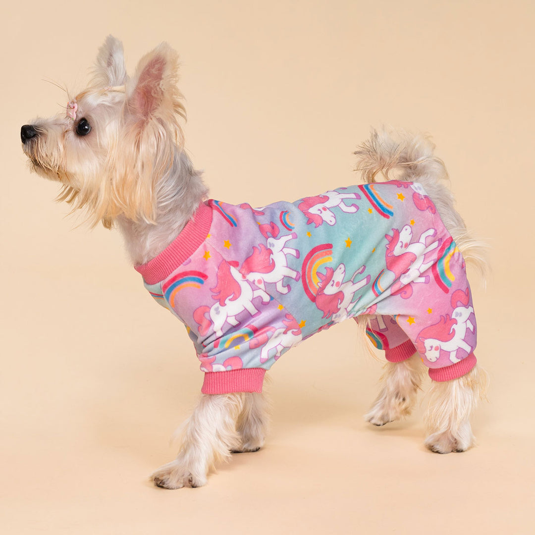 Dog dressed in pastel unicorn dog onesie featuring rainbow and star patterns