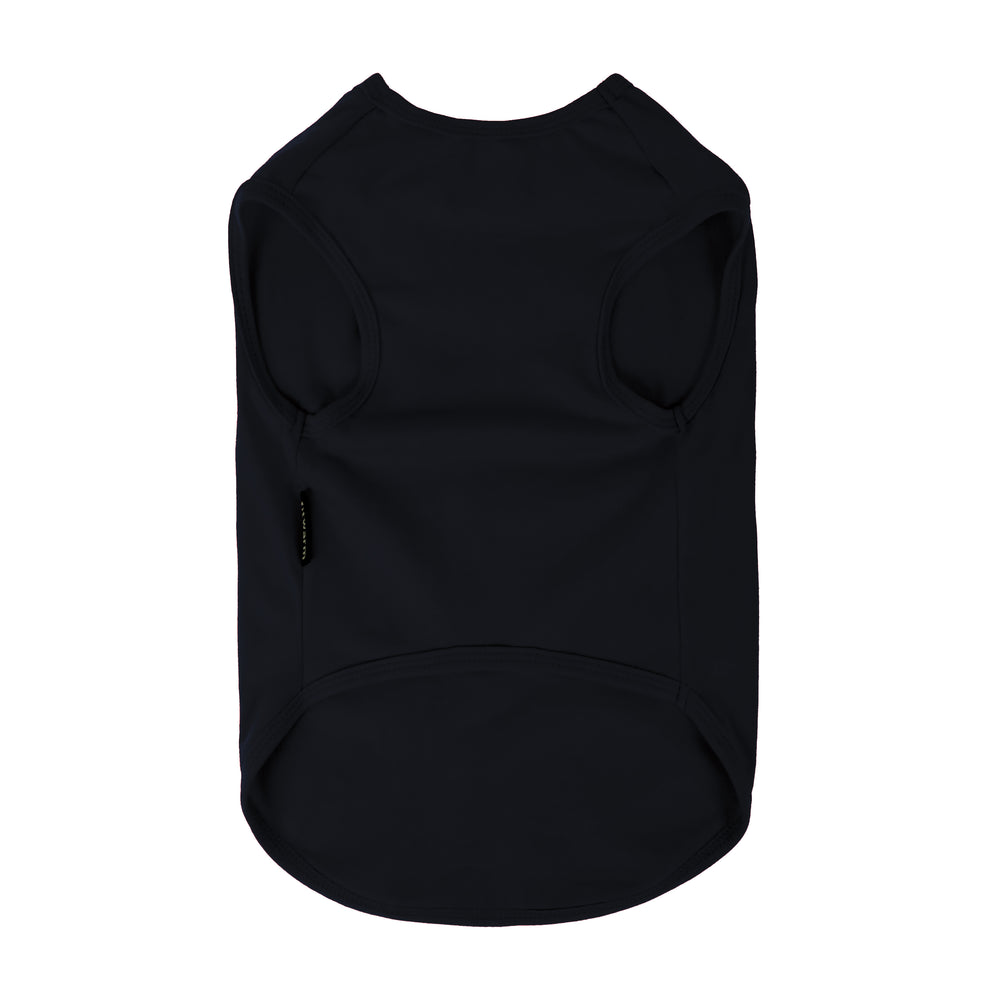Black sleeveless shirt for dogs shown from the back, set against a plain white background
