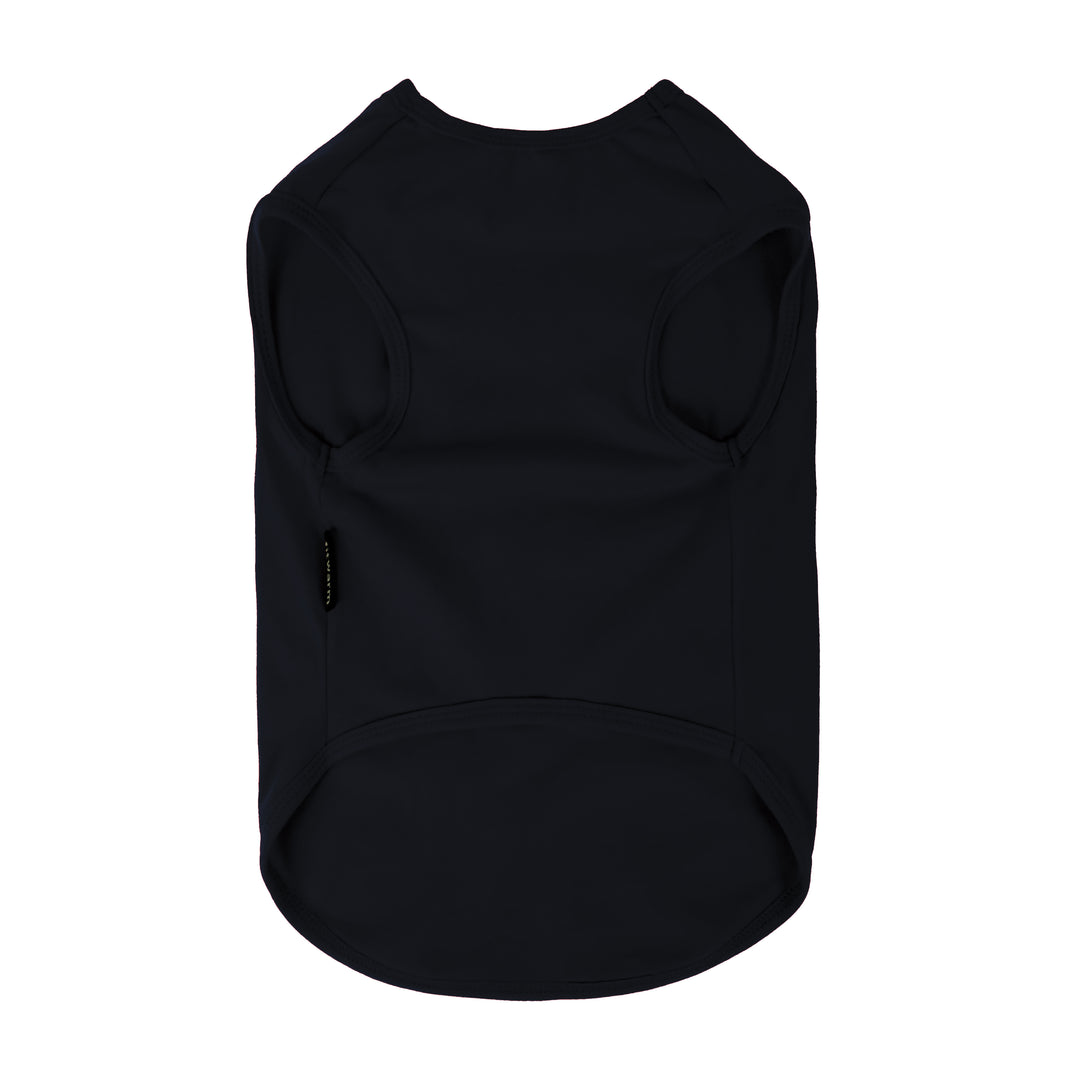 Black sleeveless shirt for dogs shown from the back, set against a plain white background