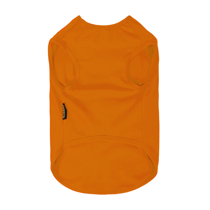 Back view of plain orange dog shirt made from soft, breathable fabric for fall wear.