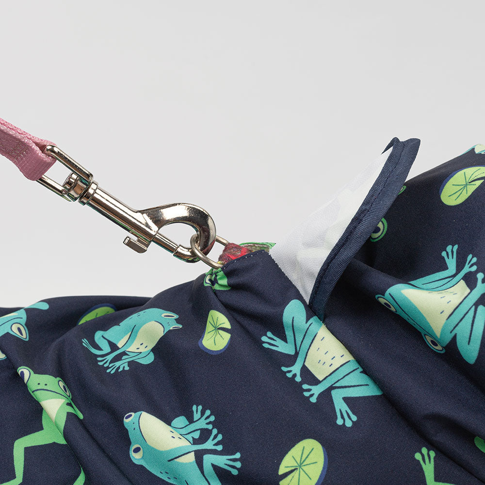 Close-up of a dog raincoat design with a convenient leash hole for daily walks