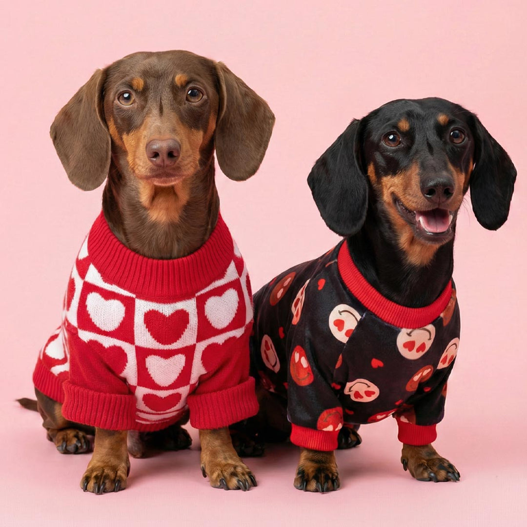 Two dachshunds in cute pajamas: one in a red heart sweater, the other in a black heart-eyes emoji onesie.