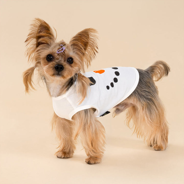 Small Yorkie wearing a white Christmas dog shirt with cute snowman face print
