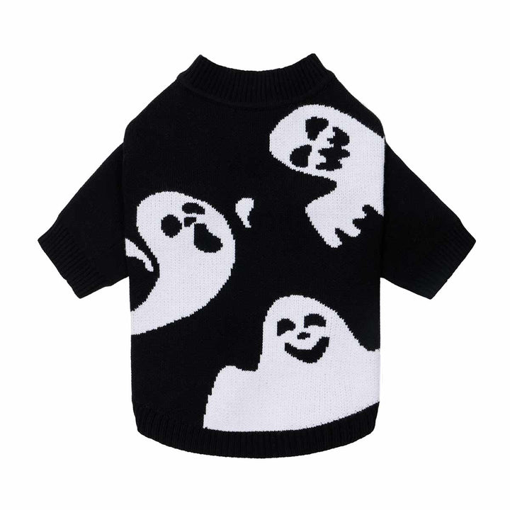 Black knit ghost dog sweater with three white spooky designs. Soft pullover style for Halloween.
