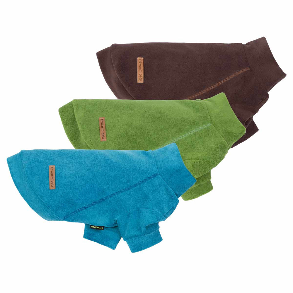 Three sweaters for dogs in blue, green, and brown on a white background