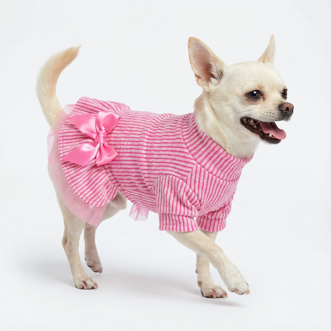 Pink striped knit dog dress with a satin bow and tulle skirt.