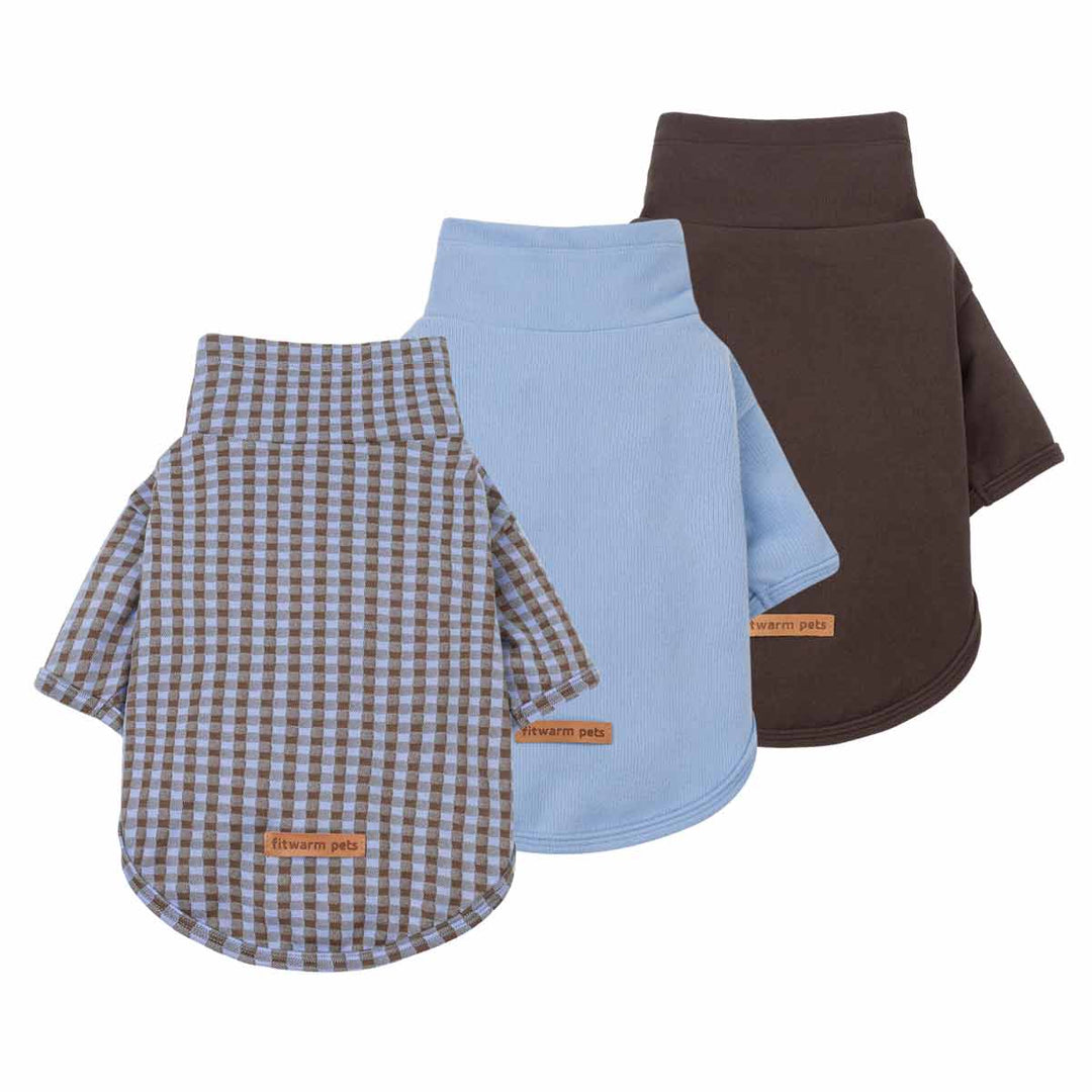 3 pack dog sweaters shown on a white background: a brown and beige gingham shirt in front, a light blue shirt in the middle, and a dark brown shirt in the back