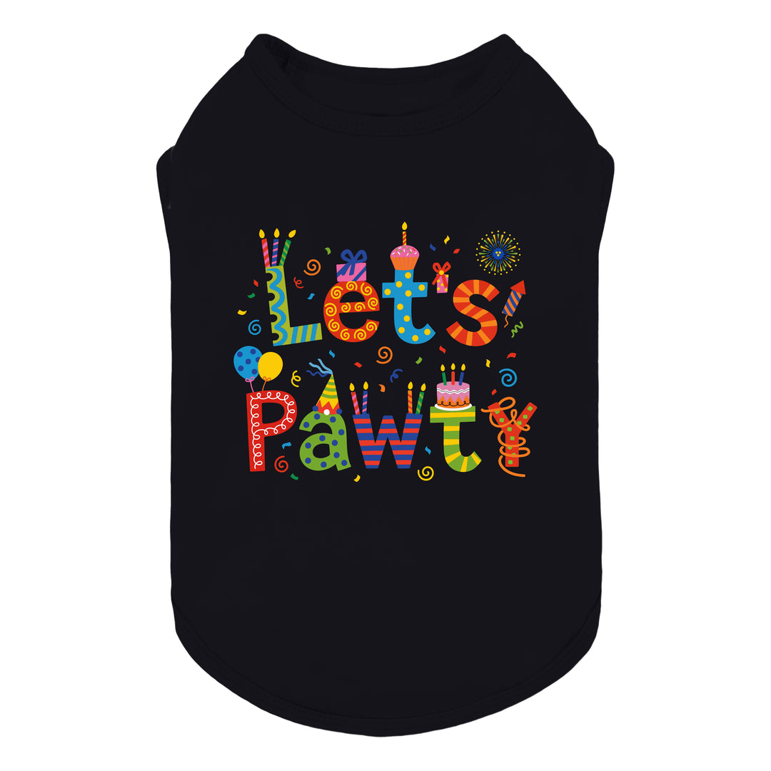 Black dog shirt with colorful 'Let's Pawty' lettering and birthday themed details on a white background