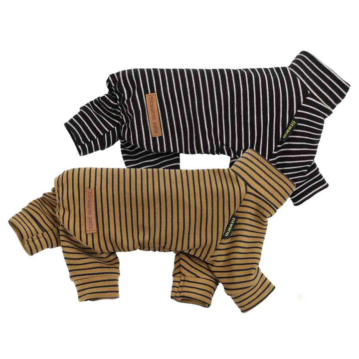 Striped dog pajamas in black and tan, four leg fit with snug turtleneck.