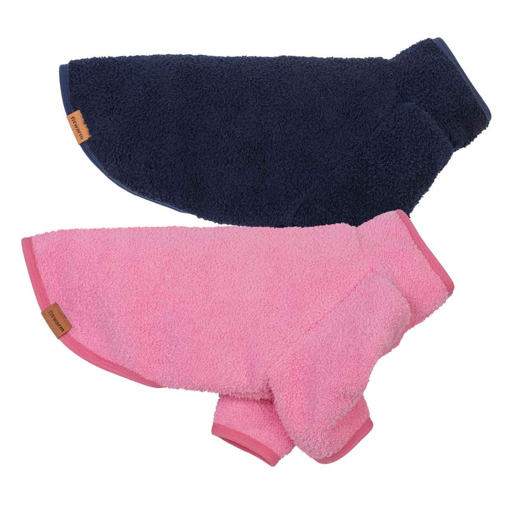 Two sweaters for dogs in a two-pack, one in navy blue and one in pink, both made of soft fuzzy fabric